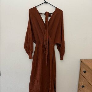 Rust Long Sleeve Maxi Dress with Tie-Back